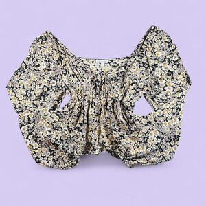 Patrons of Peace Yellow & Black Floral Tie Front Blouse – Size S